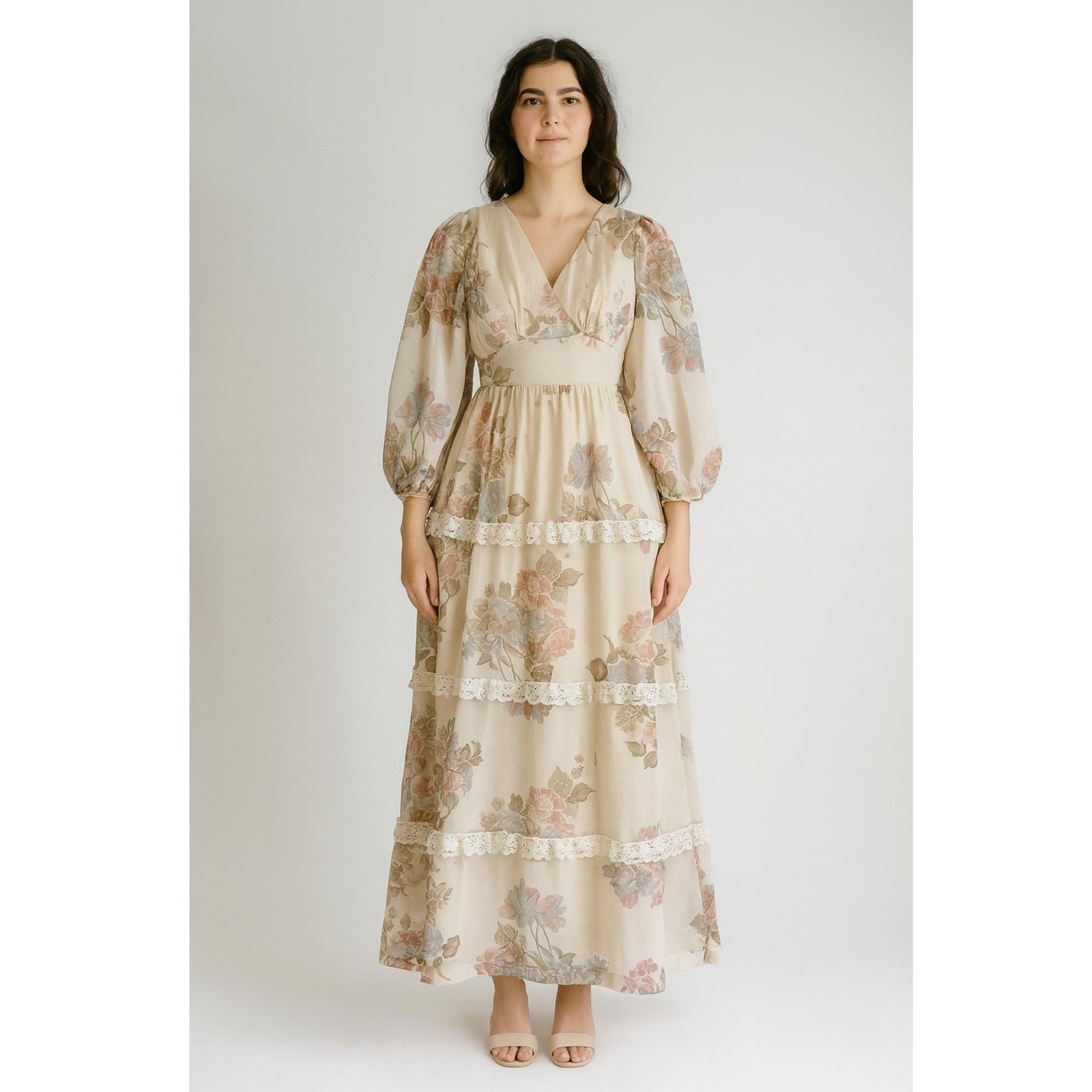 Vtg 1970s Cream Floral Lace Balloon Sleeve Tiered Maxi Dress Boho Wedding Dress